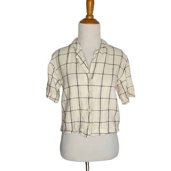 Madewell Linen-Blend Resort Crop Shirt in Windowpane Button Front Women XS - Picture 2 of 11